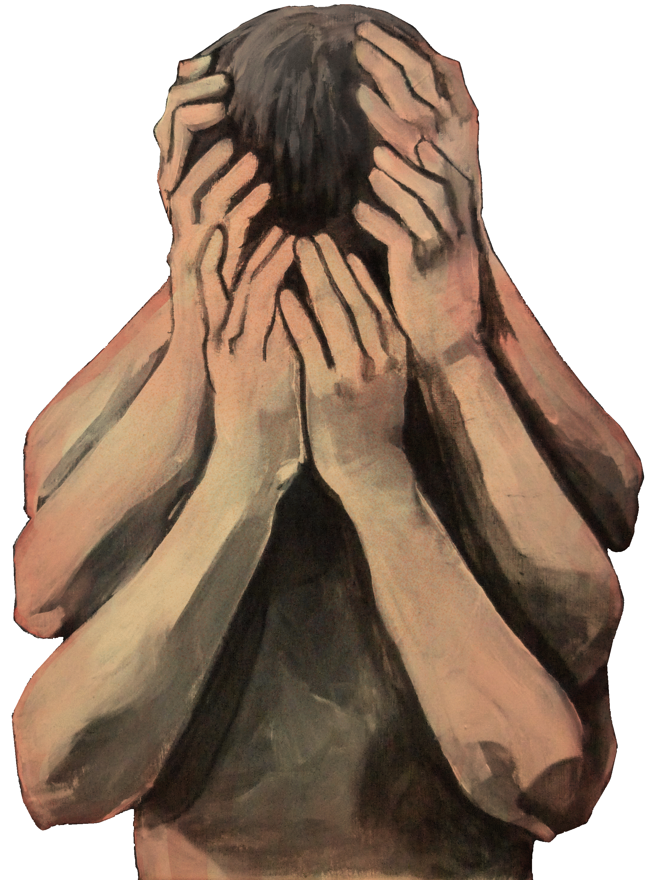 a person grabbing their face with many hands